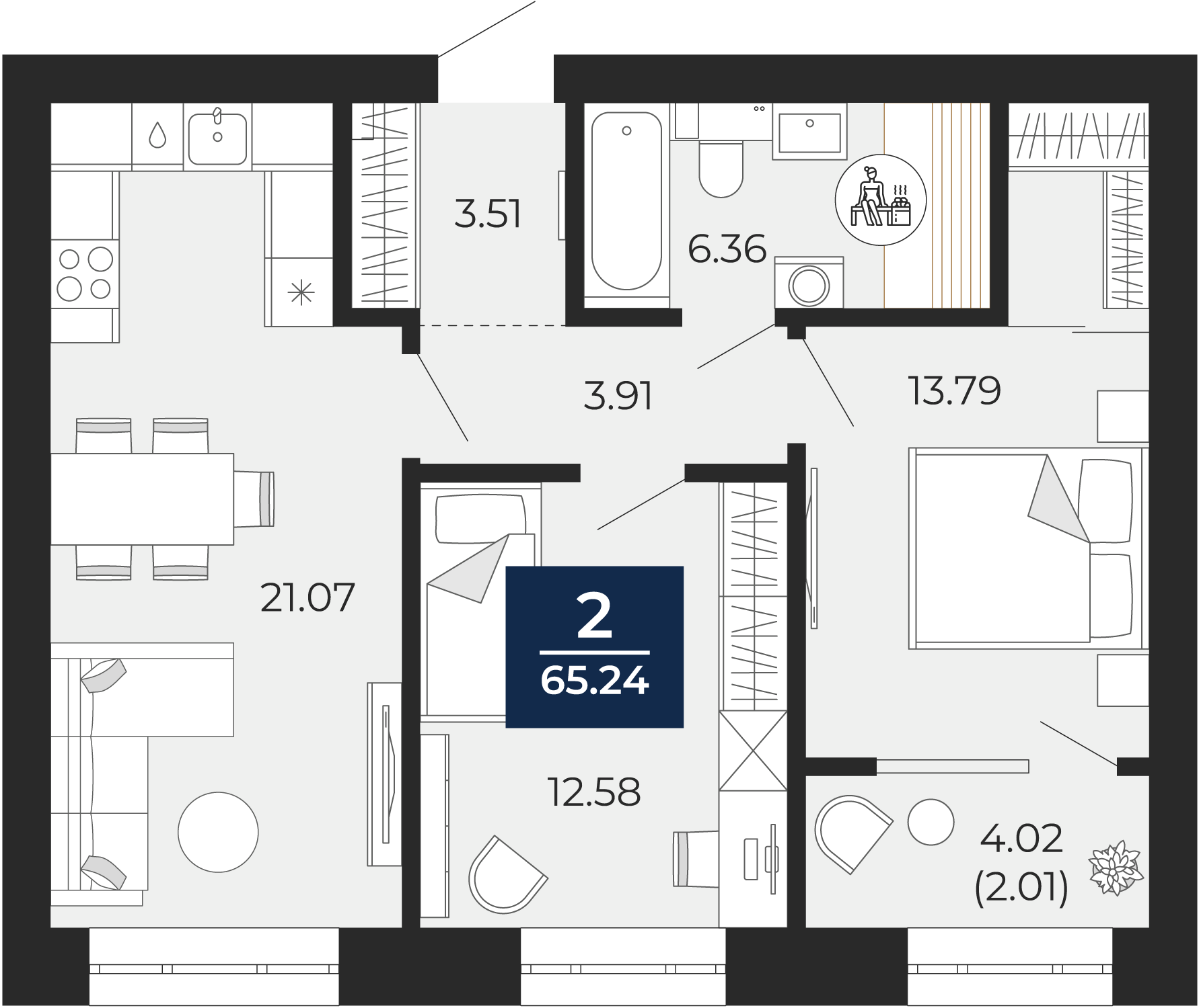 Квартира № 190, 2-комнатная, 65.24 кв. м, 12 этаж