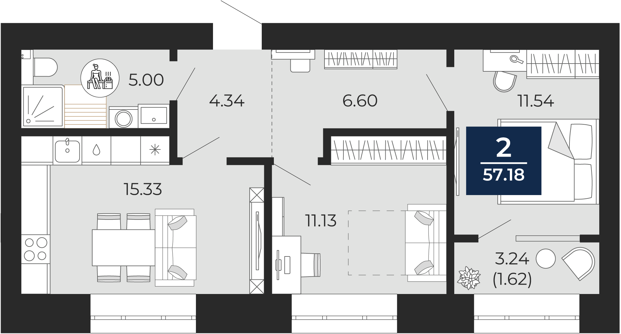 Квартира № 200, 2-комнатная, 55.56 кв. м, 2 этаж