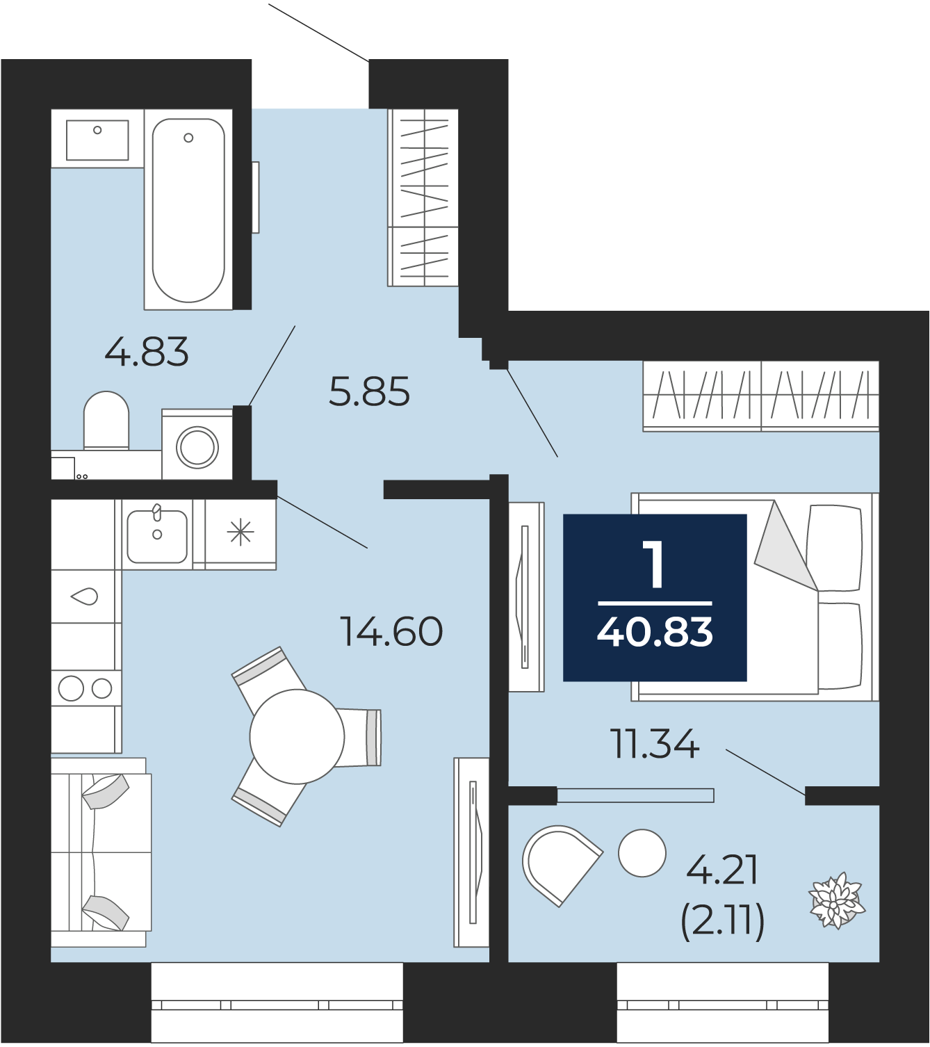 Квартира № 171, 1-комнатная, 40.83 кв. м, 9 этаж