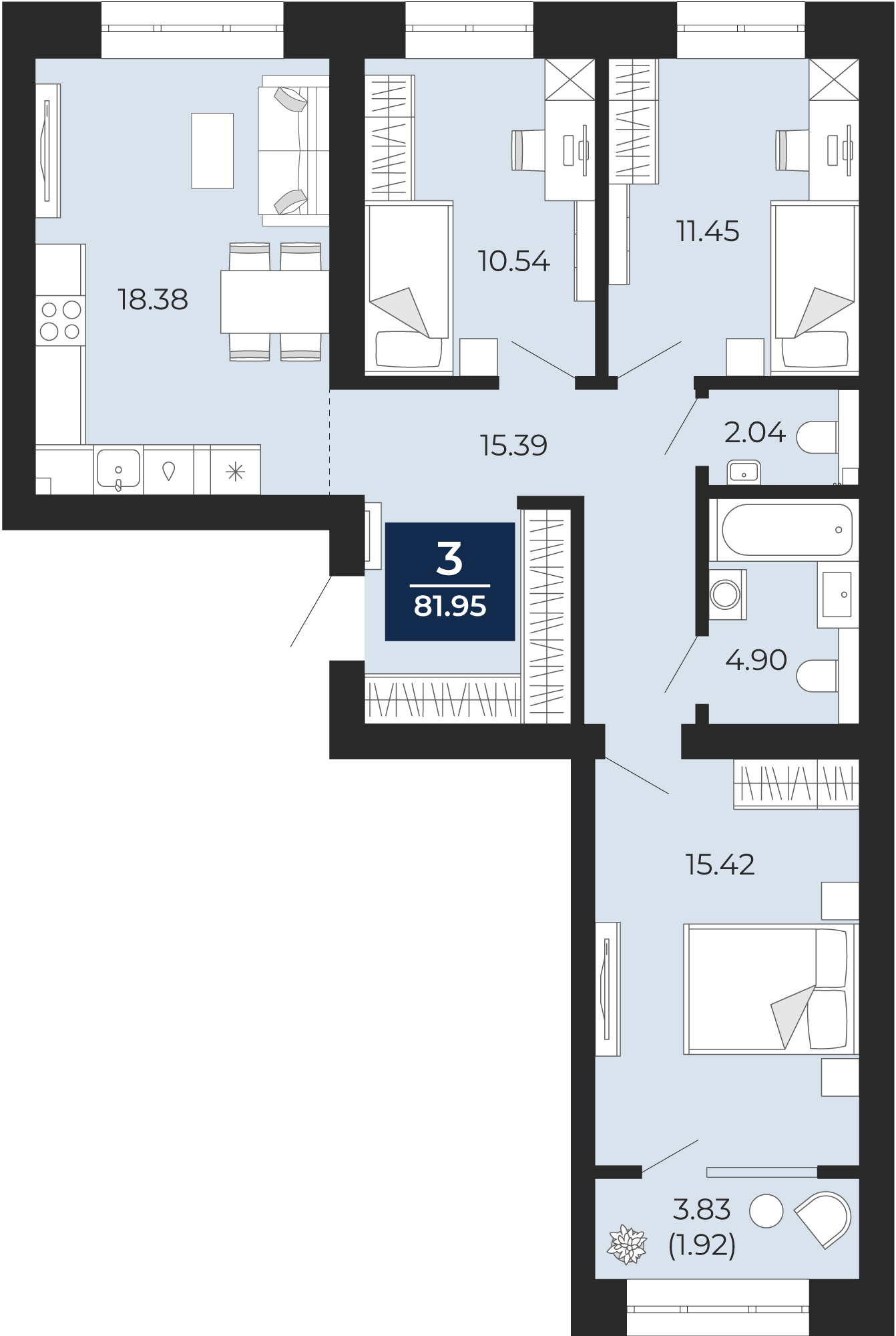 Квартира № 96, 3-комнатная, 81.95 кв. м, 3 этаж