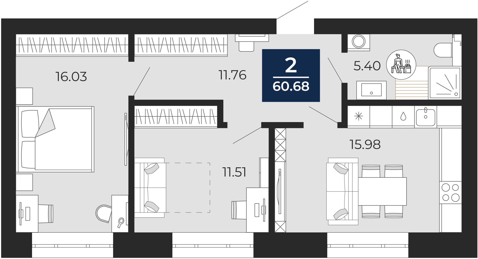 Квартира № 8, 2-комнатная, 60.68 кв. м, 3 этаж