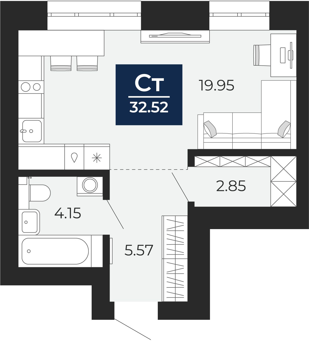 Квартира № 238, Студия, 32.52 кв. м, 8 этаж