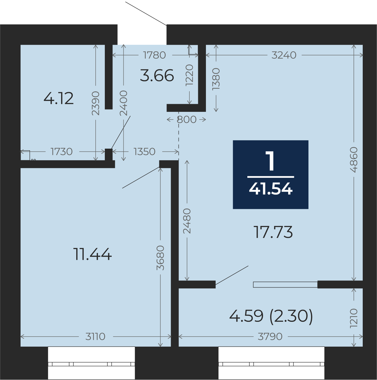 Квартира № 97, 1-комнатная, 41.54 кв. м, 3 этаж