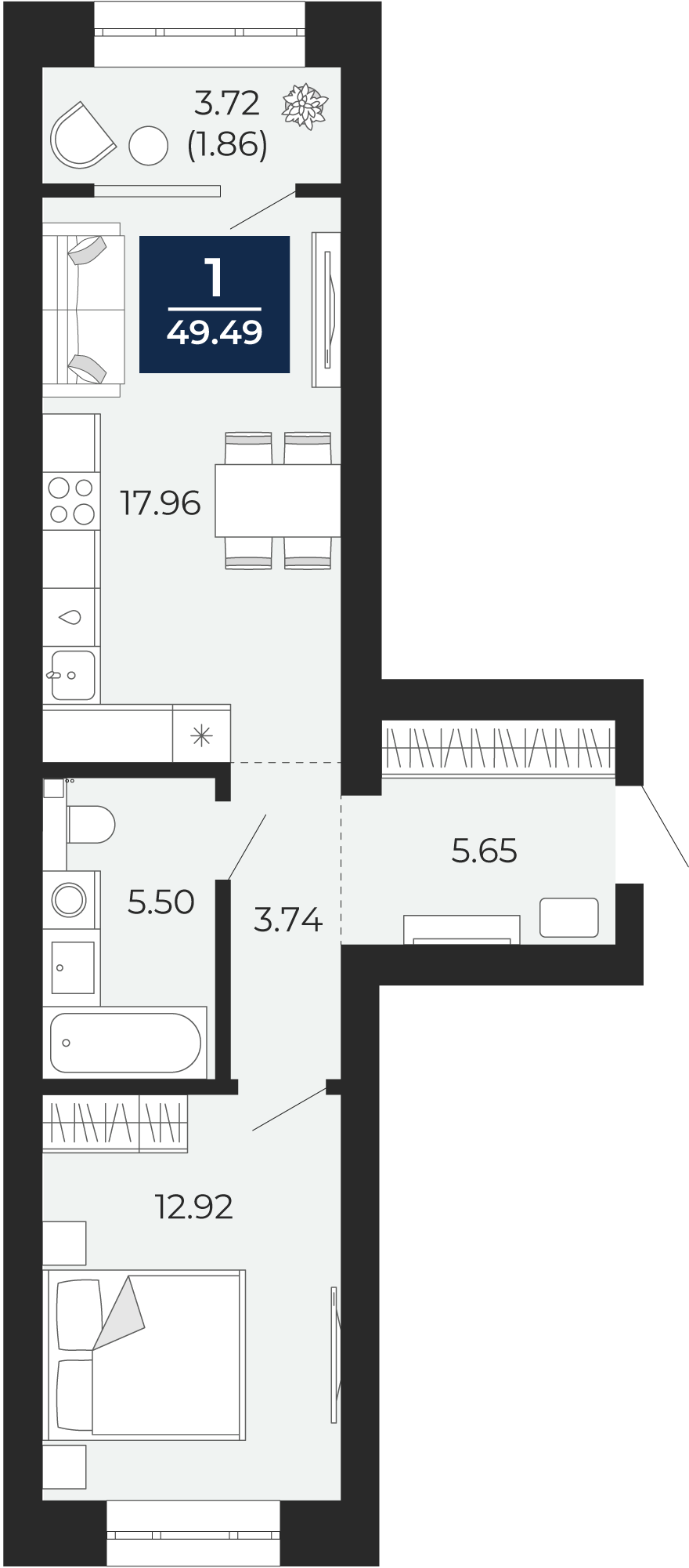 Квартира № 23, 1-комнатная, 49.49 кв. м, 5 этаж