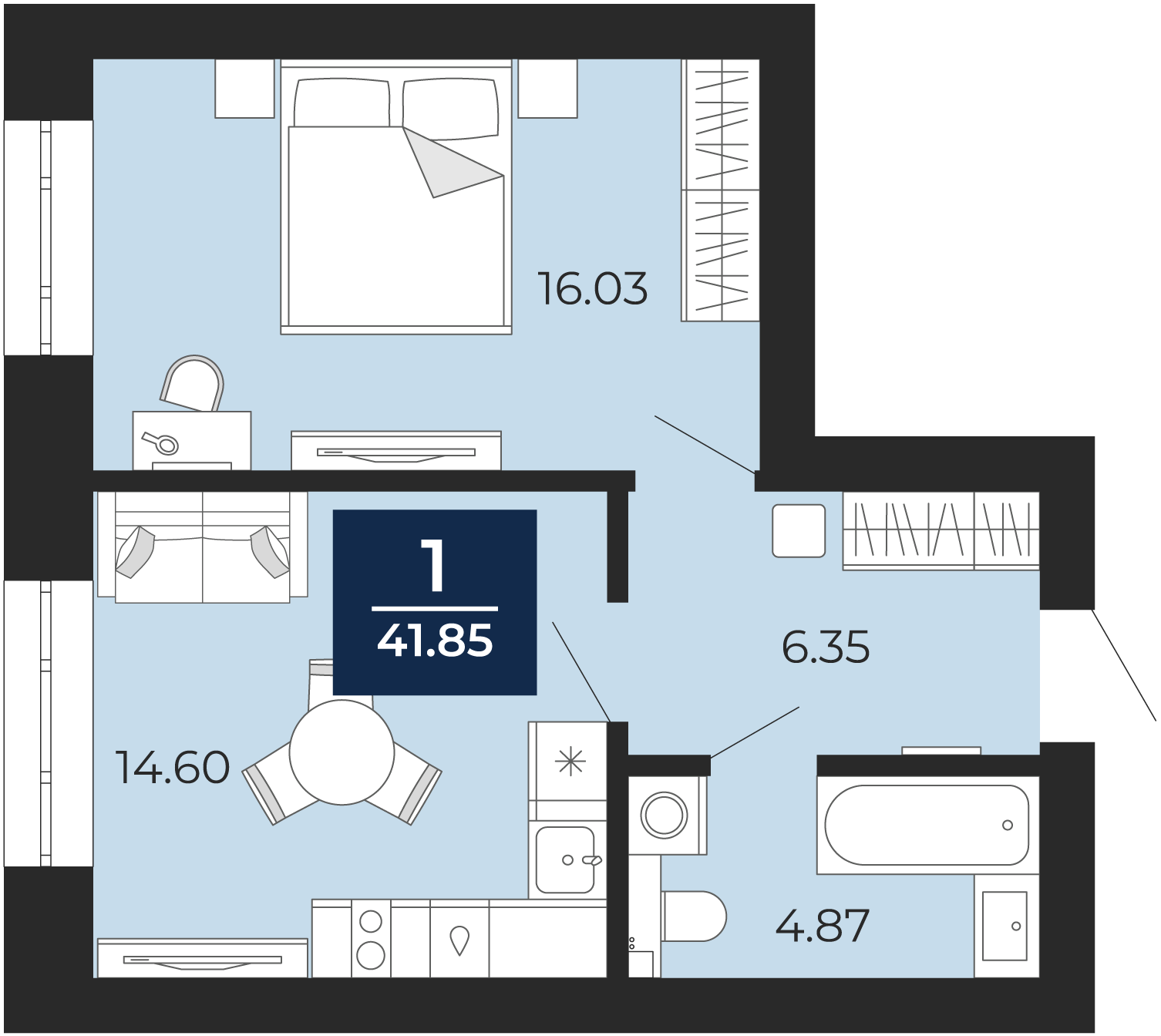 Квартира № 78, 1-комнатная, 41.85 кв. м, 6 этаж