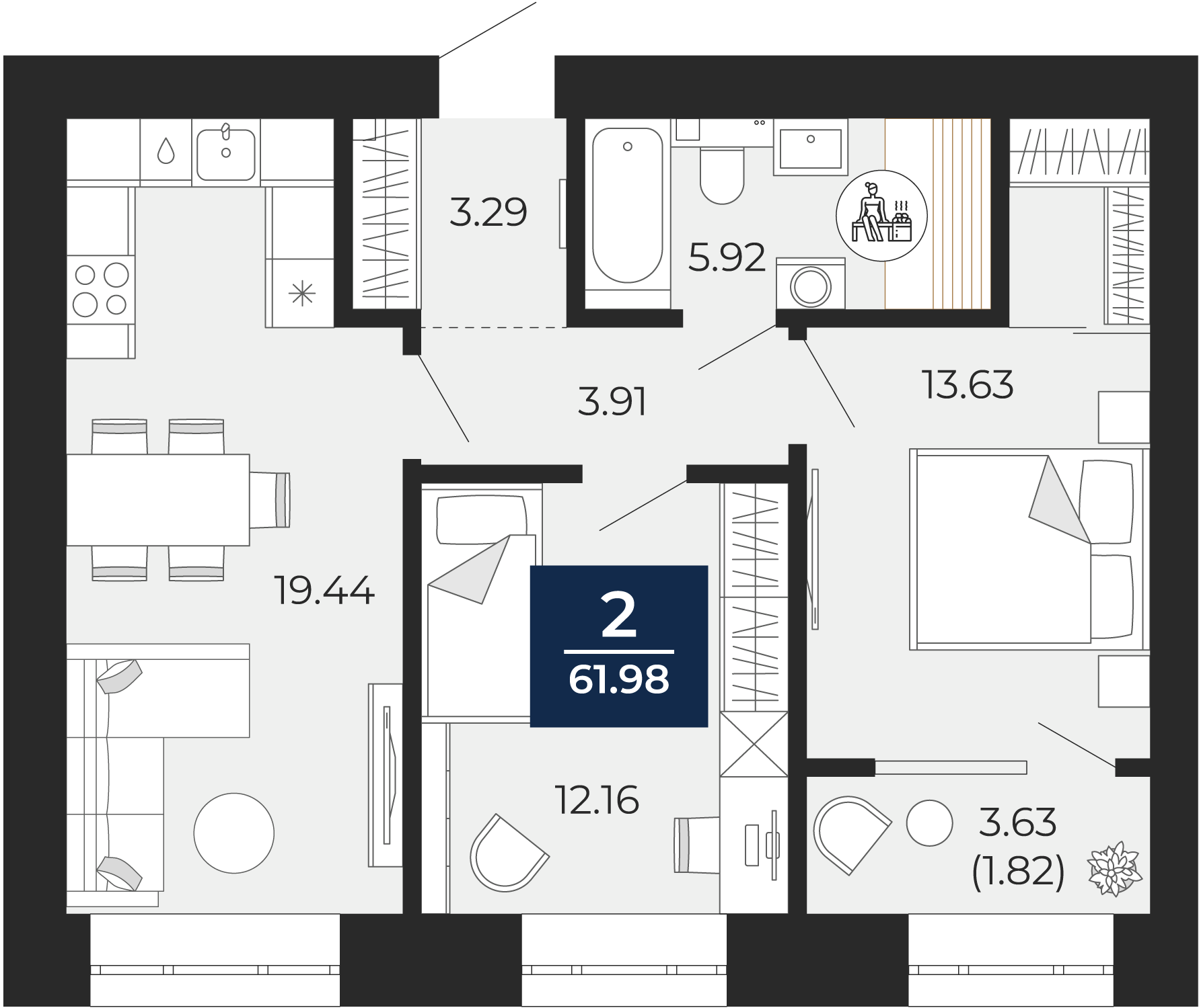Квартира № 130, 2-комнатная, 61.98 кв. м, 2 этаж