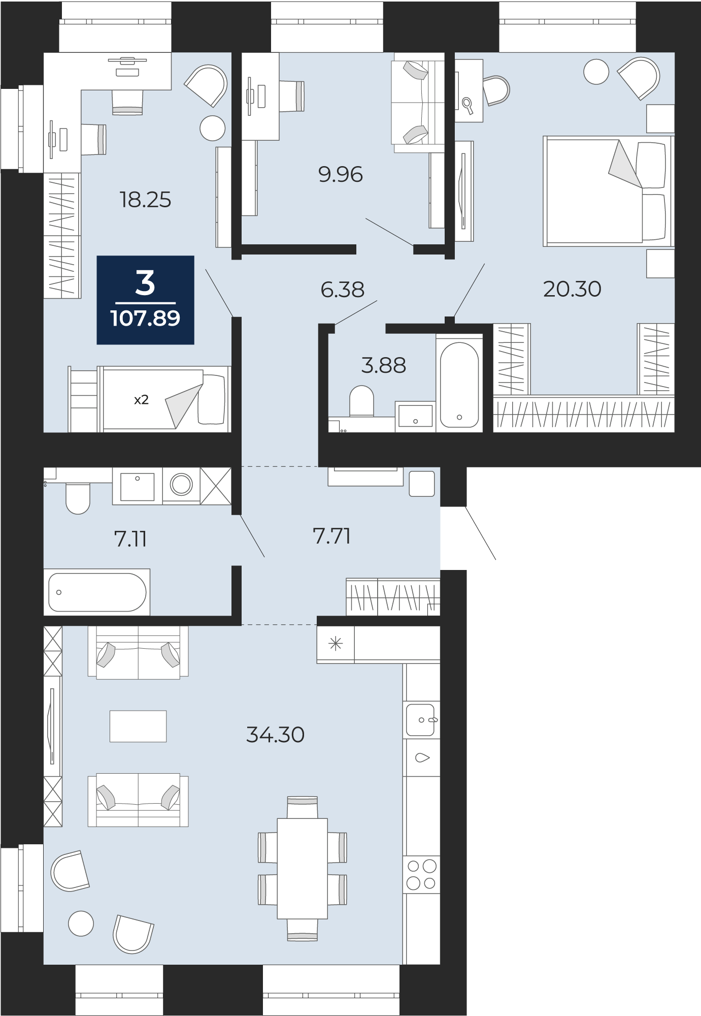 Квартира № 195, 3-комнатная, 107.89 кв. м, 2 этаж