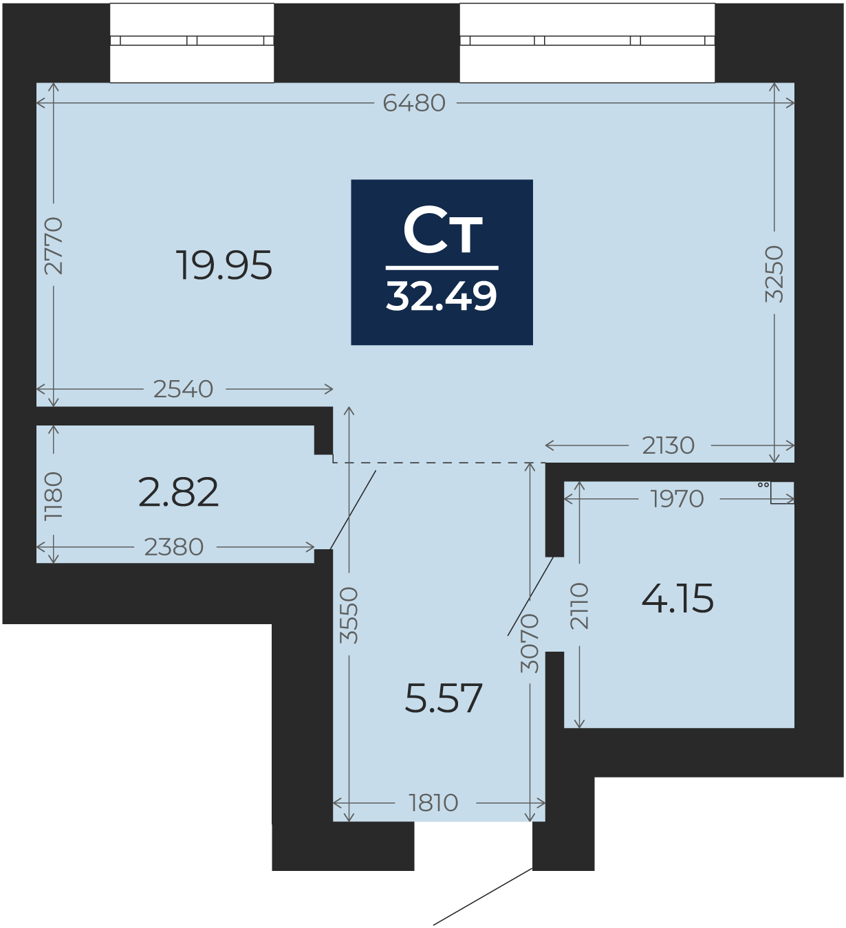 Квартира № 5, Студия, 32.49 кв. м, 2 этаж