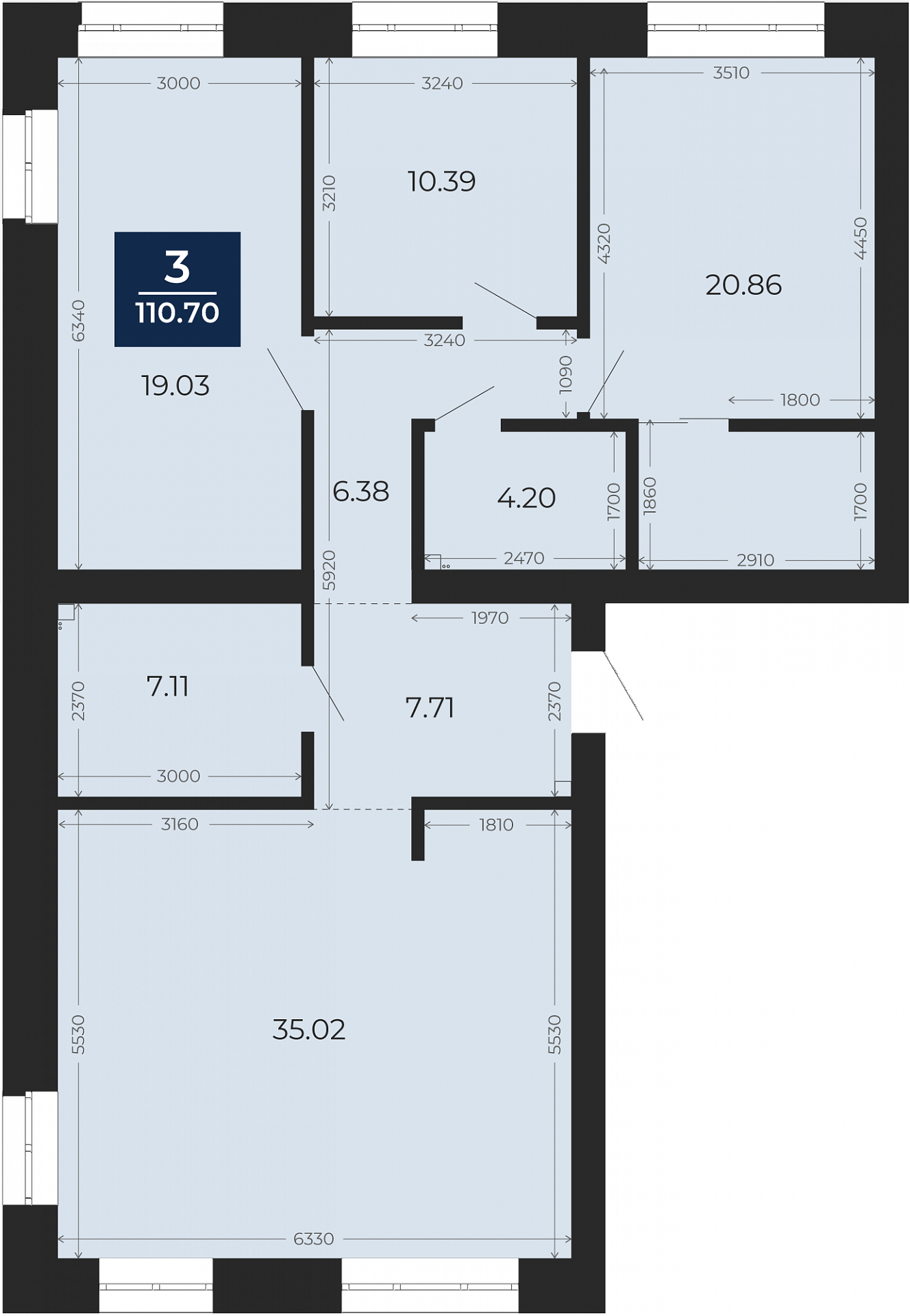 Квартира № 251, 3-комнатная, 110.7 кв. м, 10 этаж