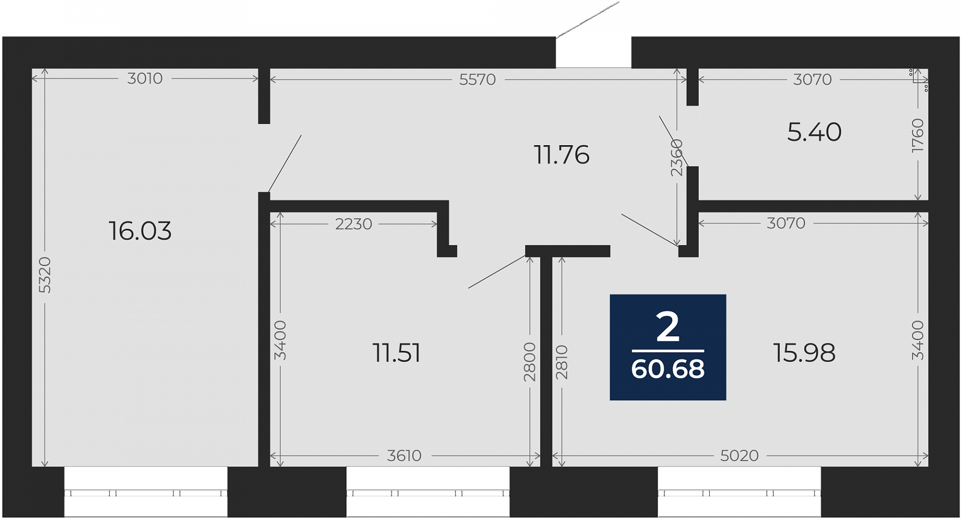 Квартира № 1, 2-комнатная, 60.68 кв. м, 2 этаж