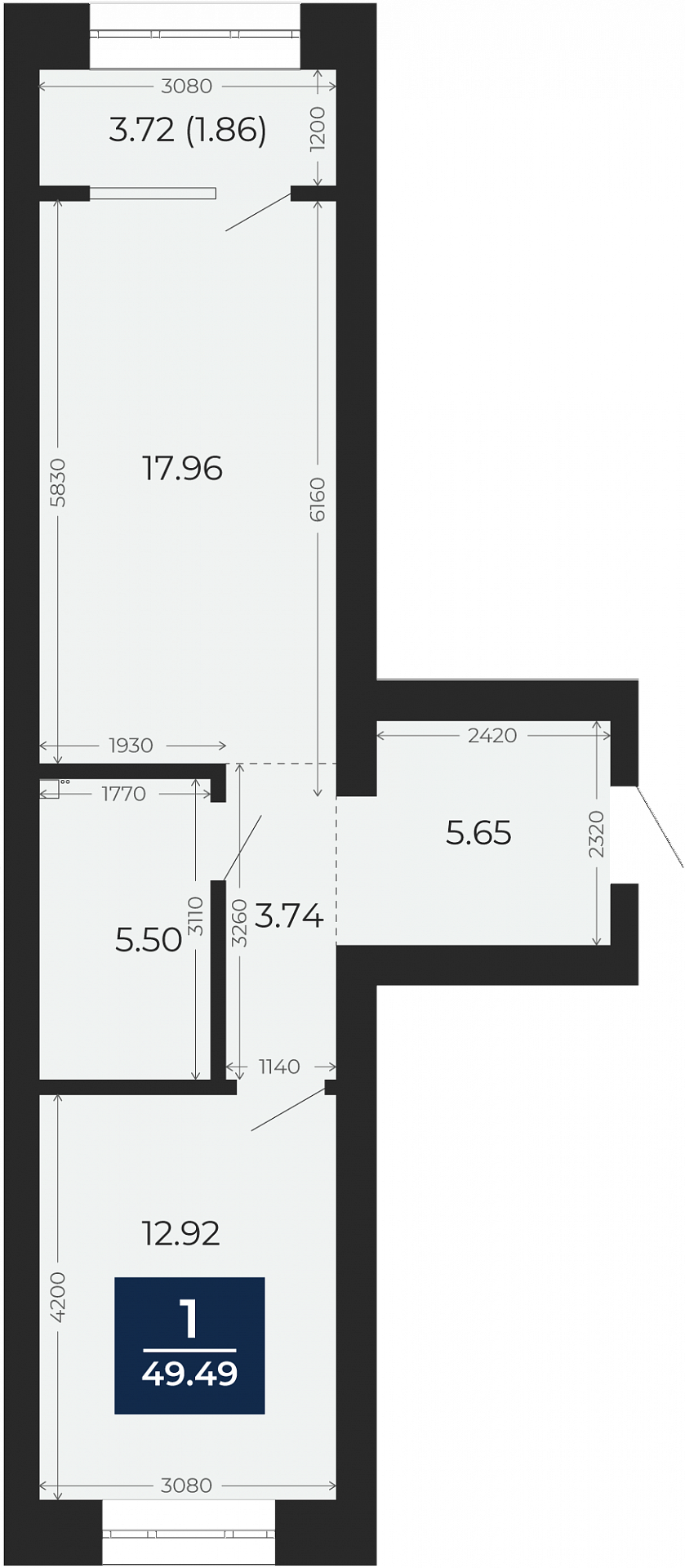 Квартира № 44, 1-комнатная, 49.49 кв. м, 8 этаж