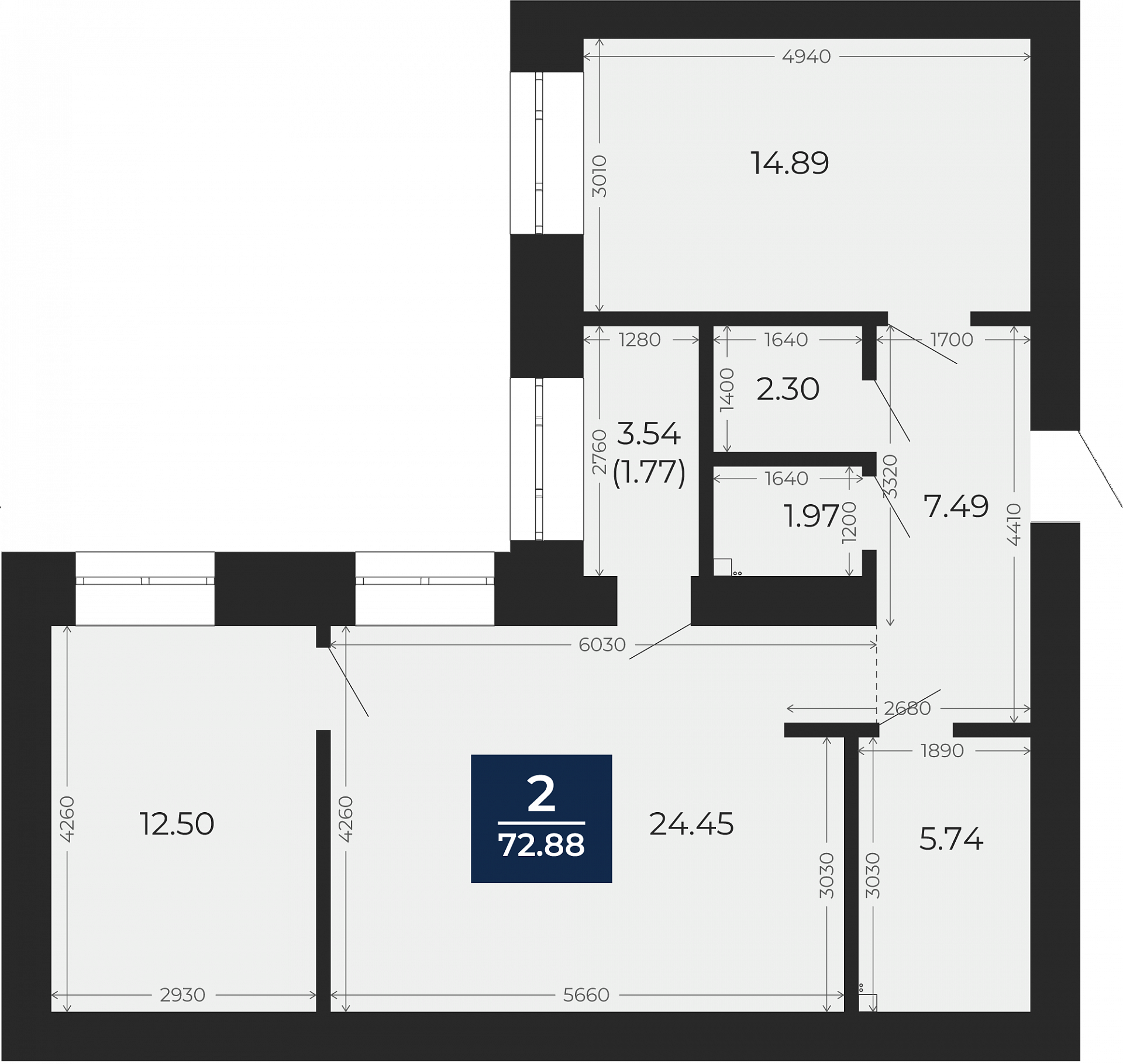 Квартира № 132, 2-комнатная, 72.88 кв. м, 2 этаж