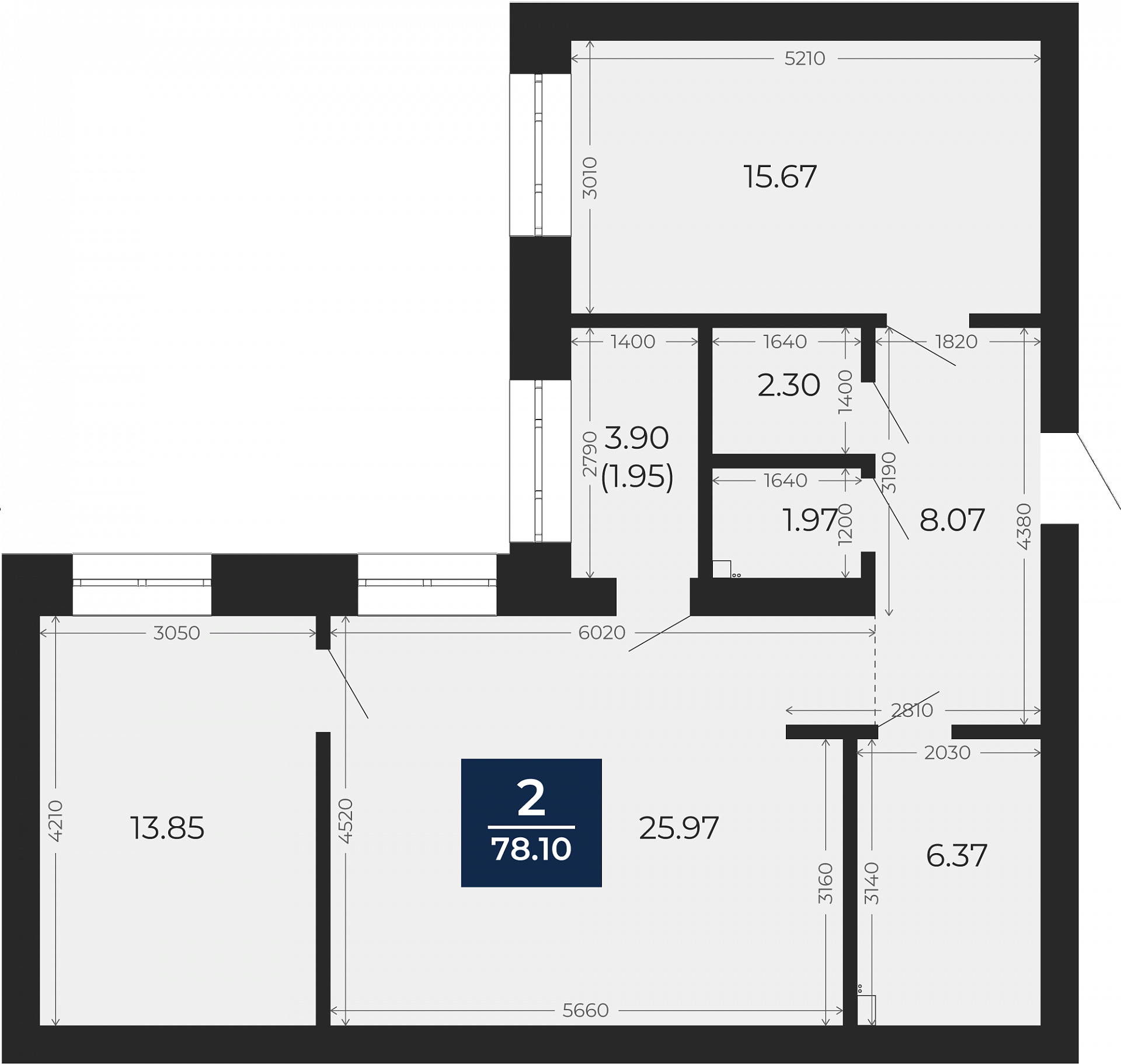 Квартира № 156, 2-комнатная, 78.1 кв. м, 6 этаж