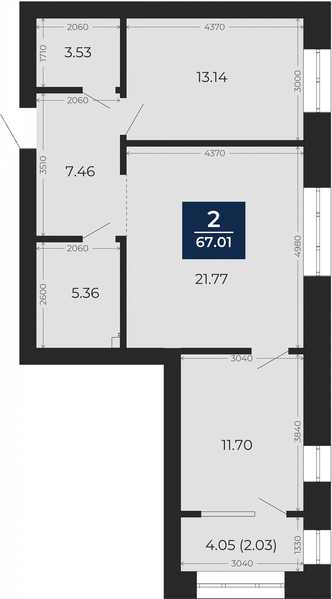 Квартира № 152, 2-комнатная, 67.01 кв. м, 6 этаж
