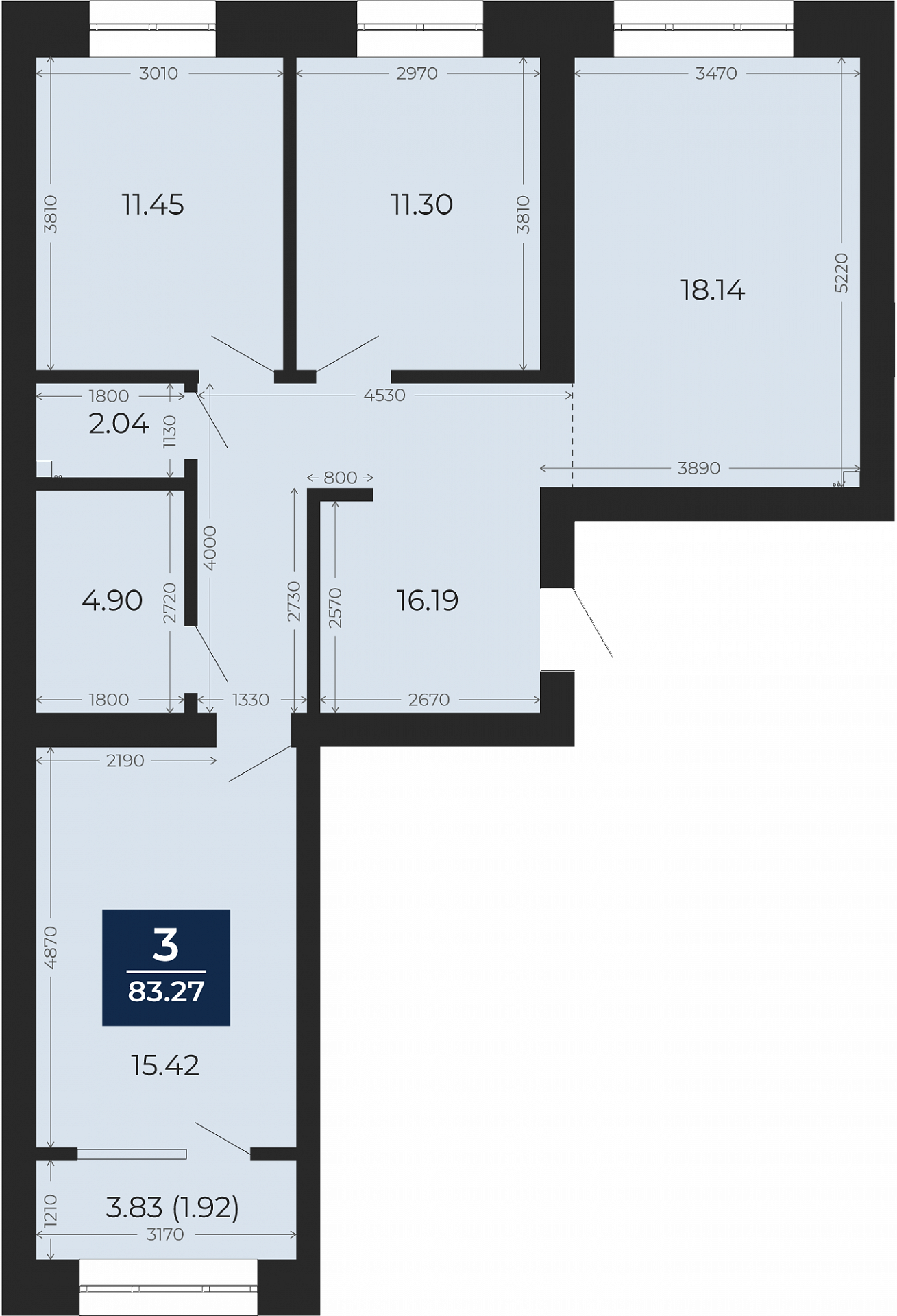 Квартира № 99, 3-комнатная, 83.27 кв. м, 3 этаж