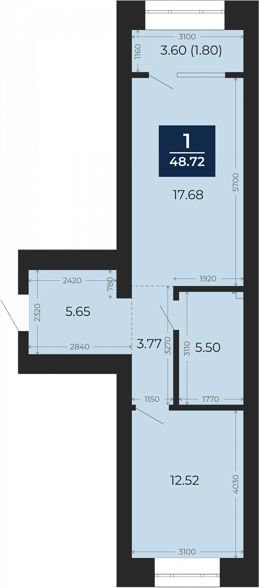 Квартира № 199, 1-комнатная, 48.72 кв. м, 2 этаж