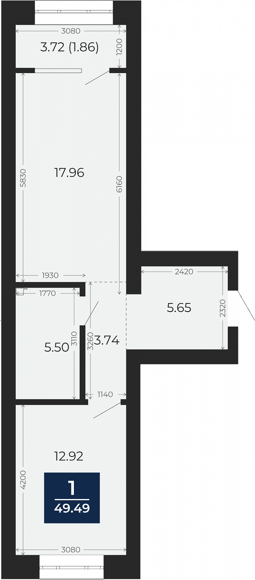 Квартира № 9, 1-комнатная, 49.49 кв. м, 3 этаж