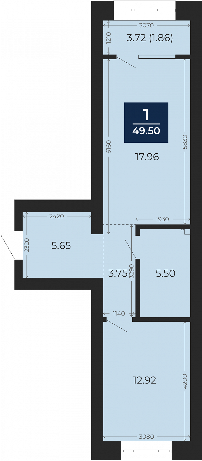 Квартира № 213, 1-комнатная, 49.5 кв. м, 4 этаж