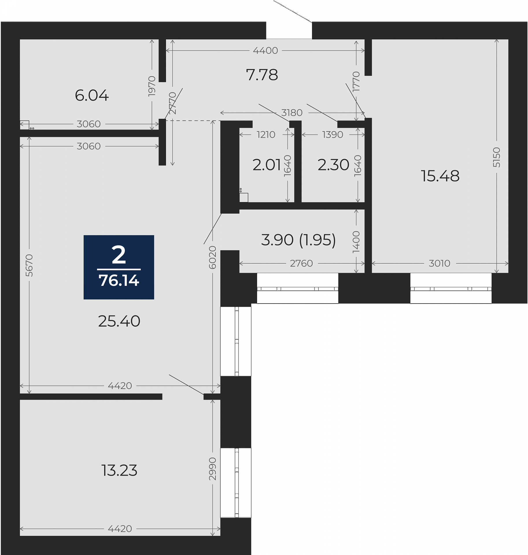 Квартира № 57, 2-комнатная, 76.14 кв. м, 3 этаж
