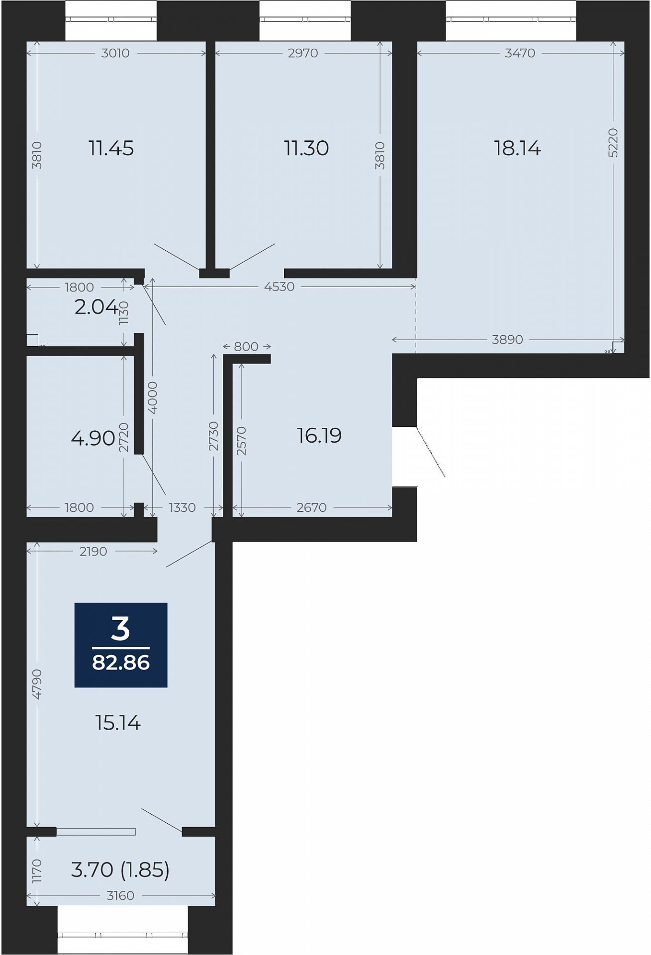 Квартира № 95, 3-комнатная, 82.86 кв. м, 2 этаж