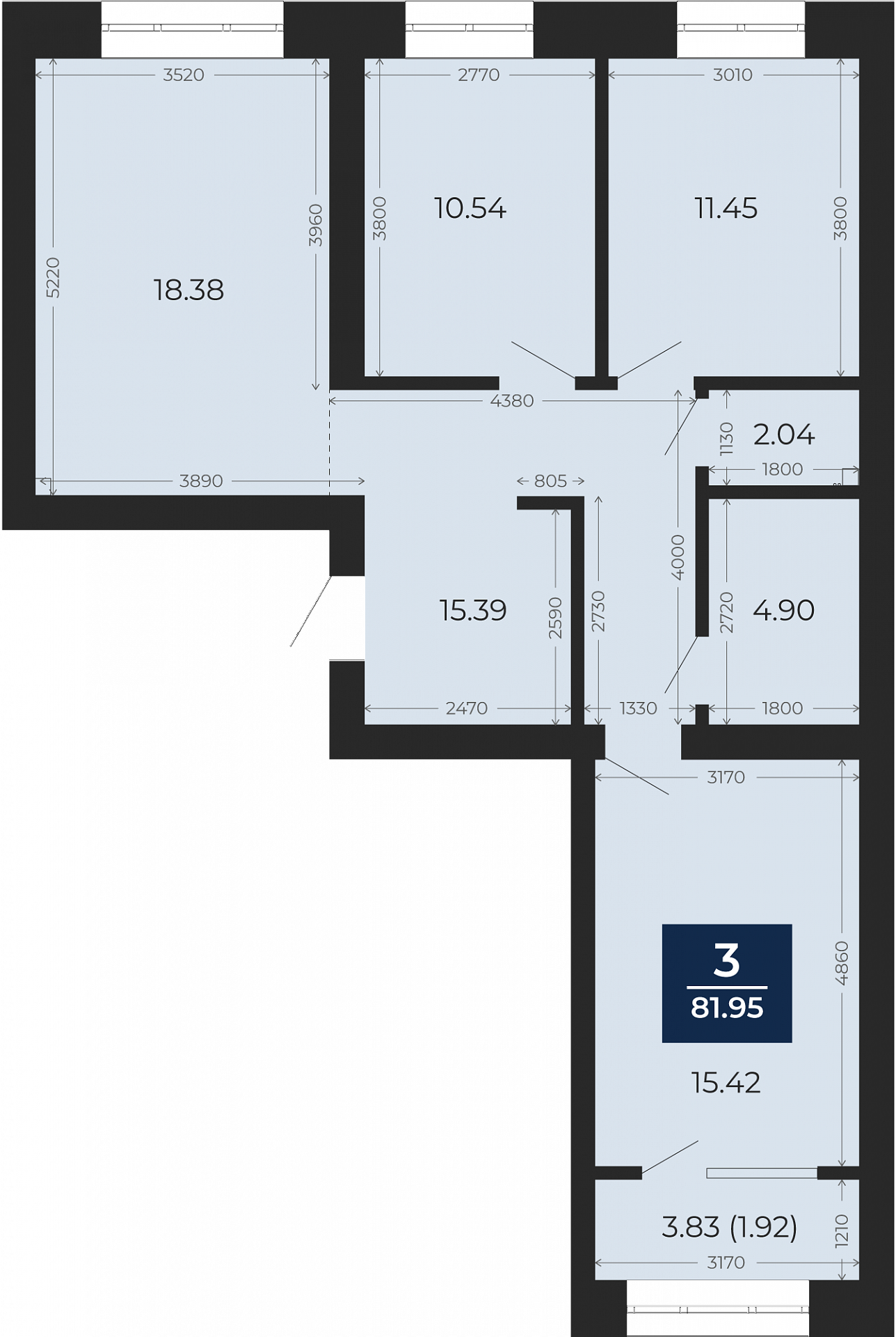 Квартира № 124, 3-комнатная, 81.95 кв. м, 10 этаж