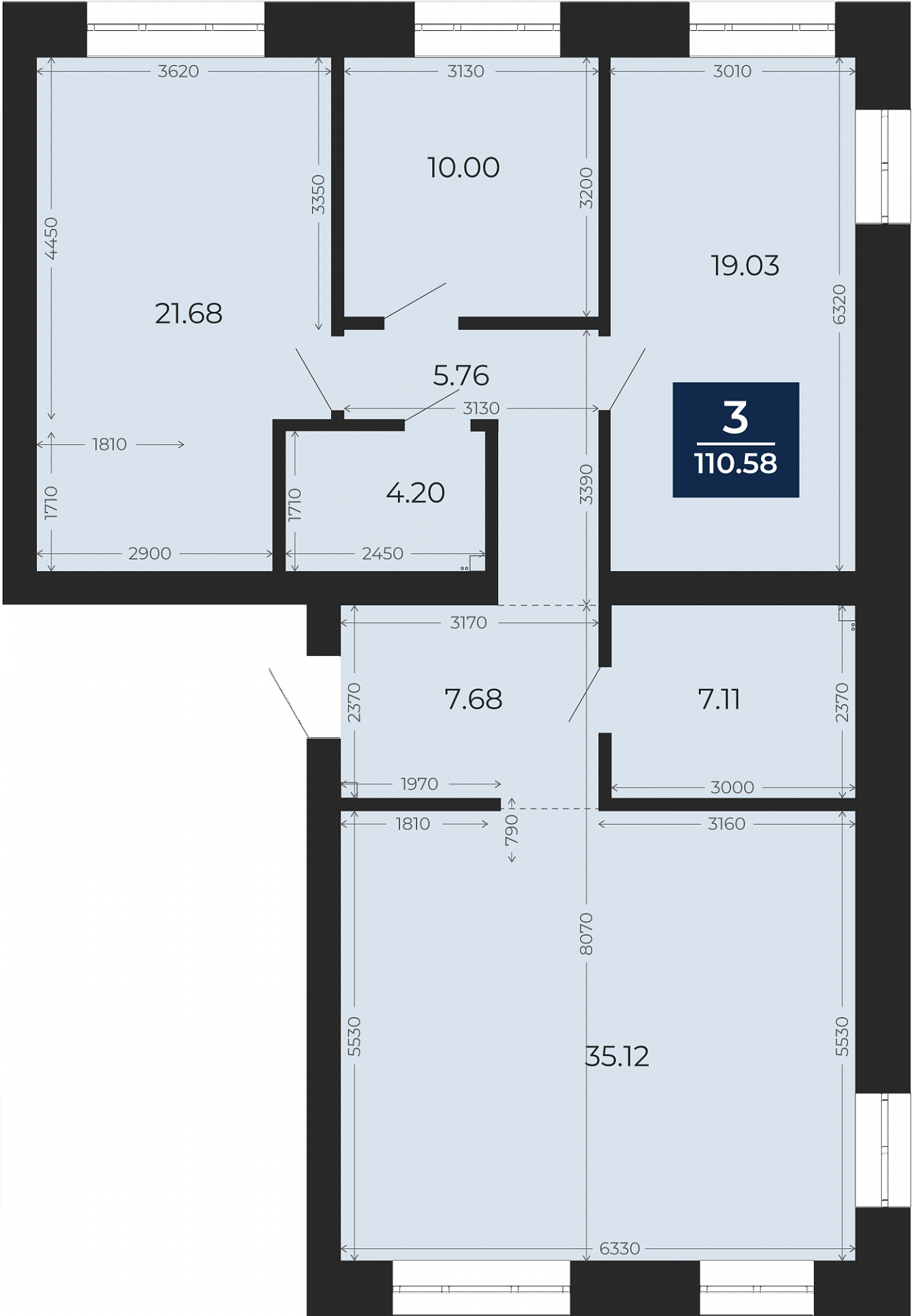 Квартира № 34, 3-комнатная, 110.58 кв. м, 6 этаж