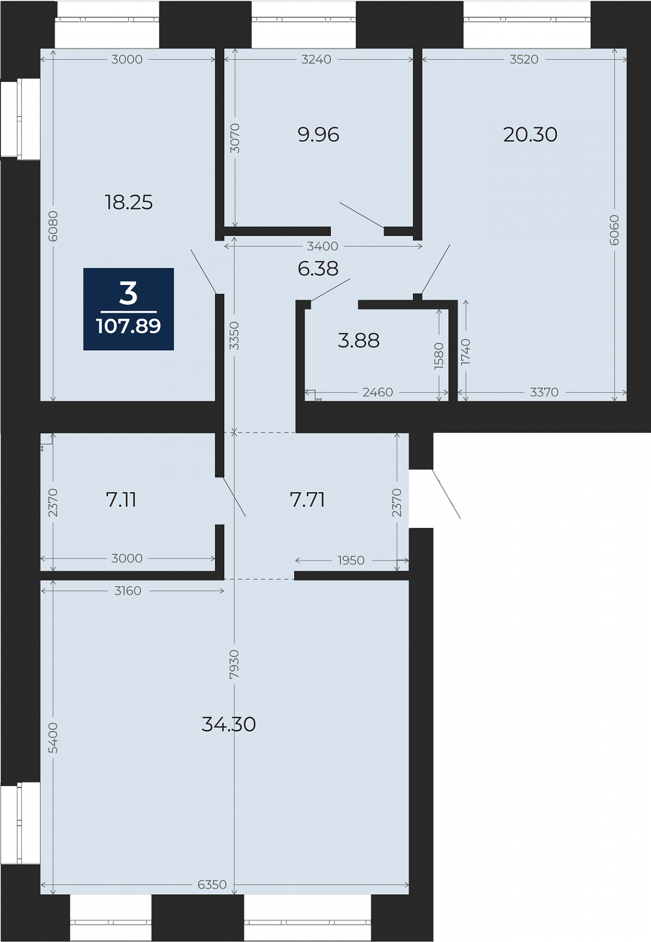 Квартира № 195, 3-комнатная, 107.89 кв. м, 2 этаж
